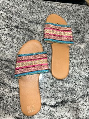 Boho Embroidered Slide Sandals in Tan and Pink size 36